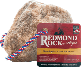 Redmond Rock on a Rope has 60+ trace minerals and electrolytes for horses.