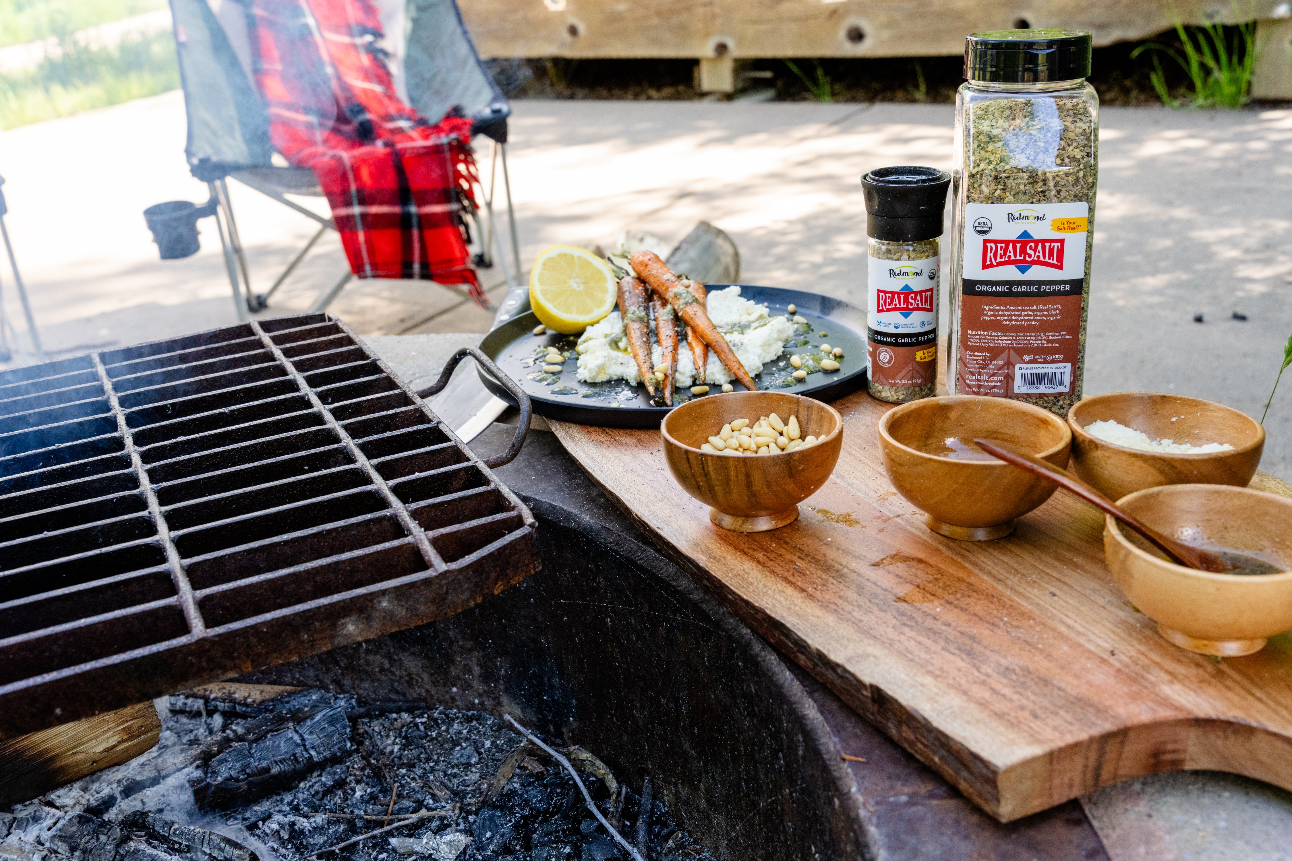Real Salt organic garlic pepper on summer camping food.